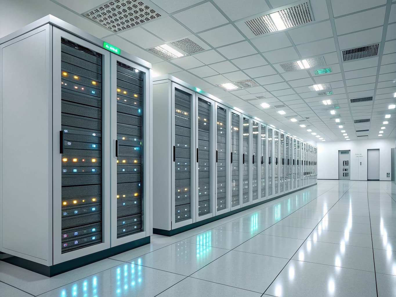 Bright data center with rows of secure servers