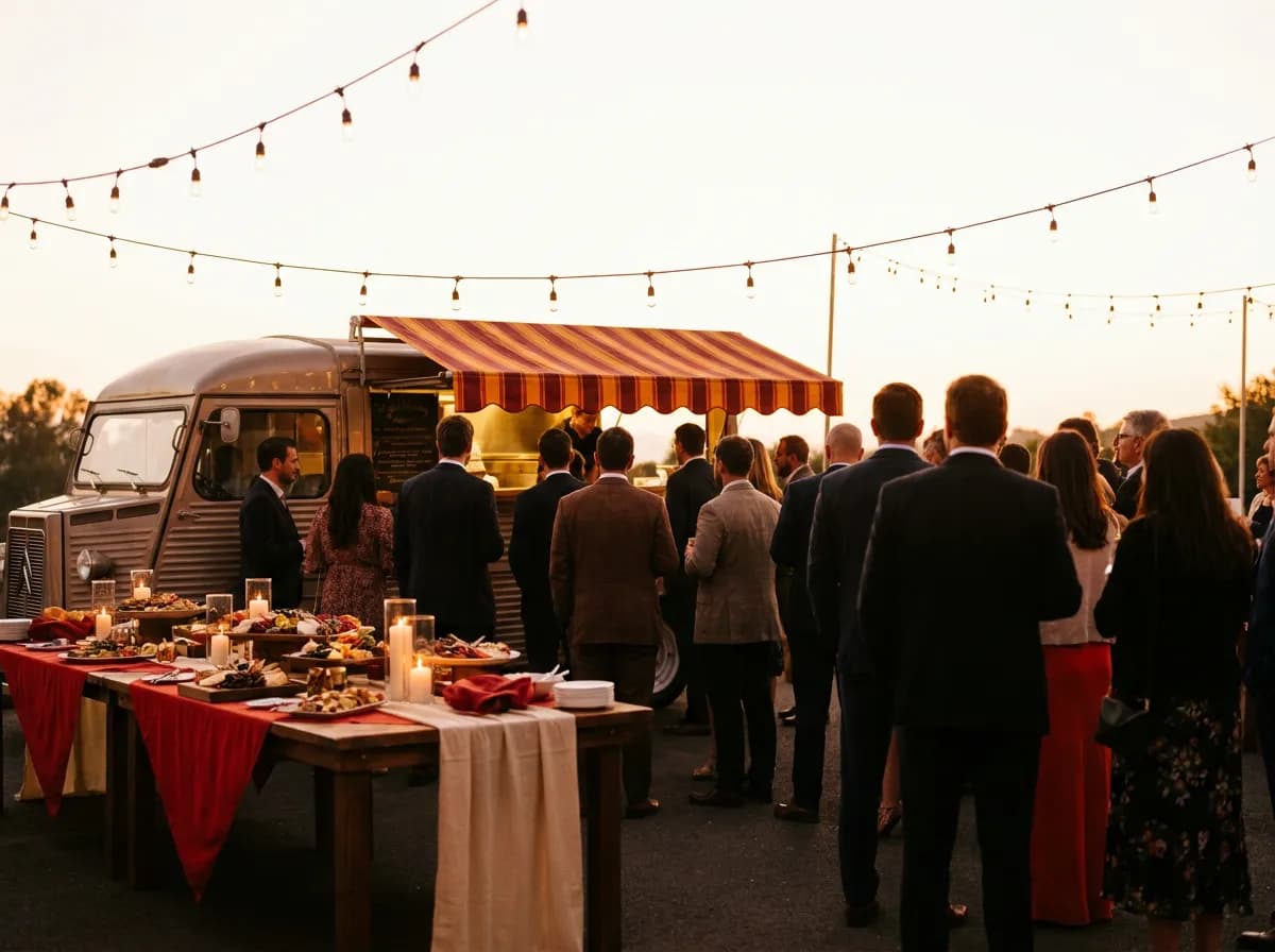 Food truck catering an outdoor private event with a long table and string lights
