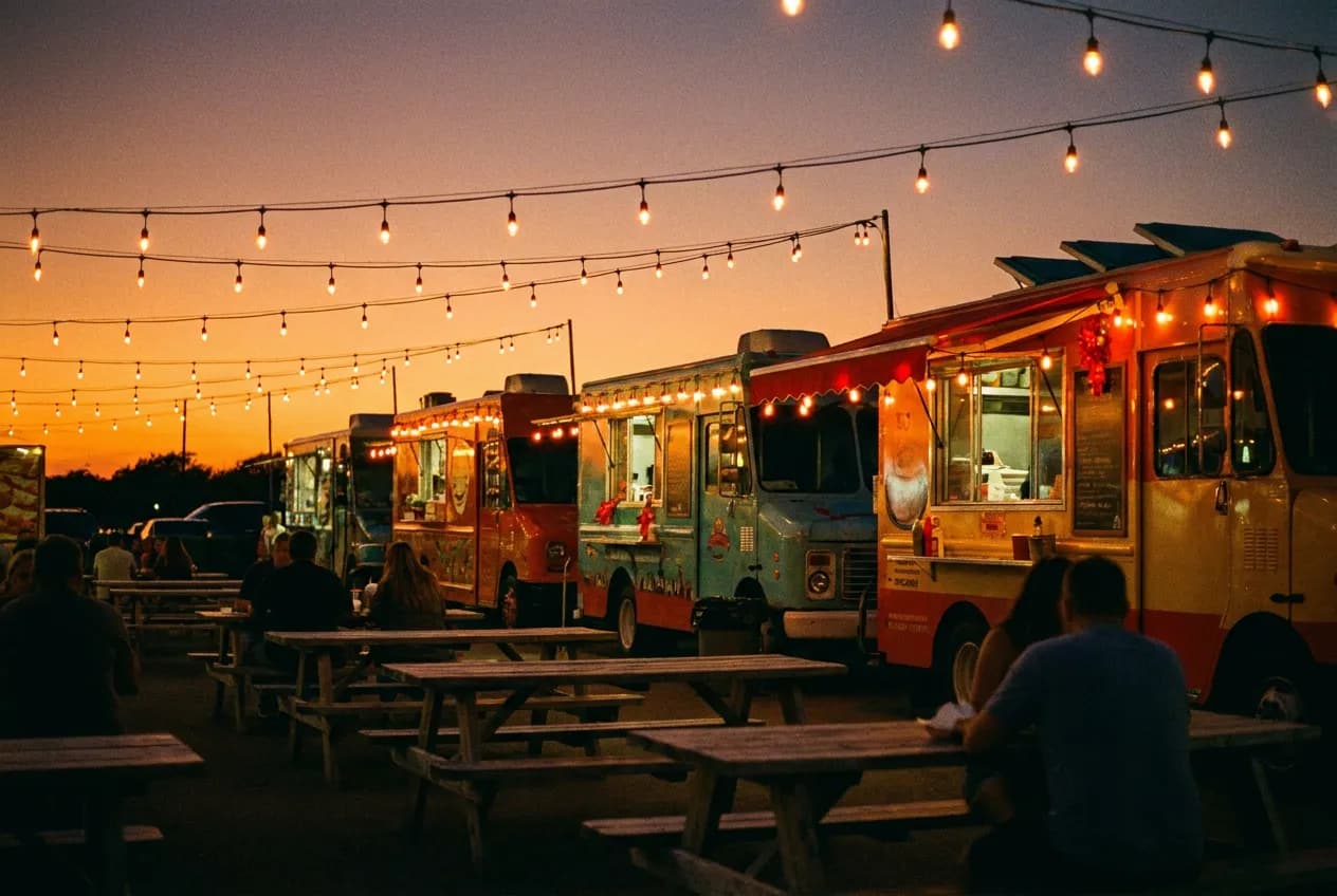 Row of food trucks at an outdoor food truck festival with picnic tables and string lights at dusk