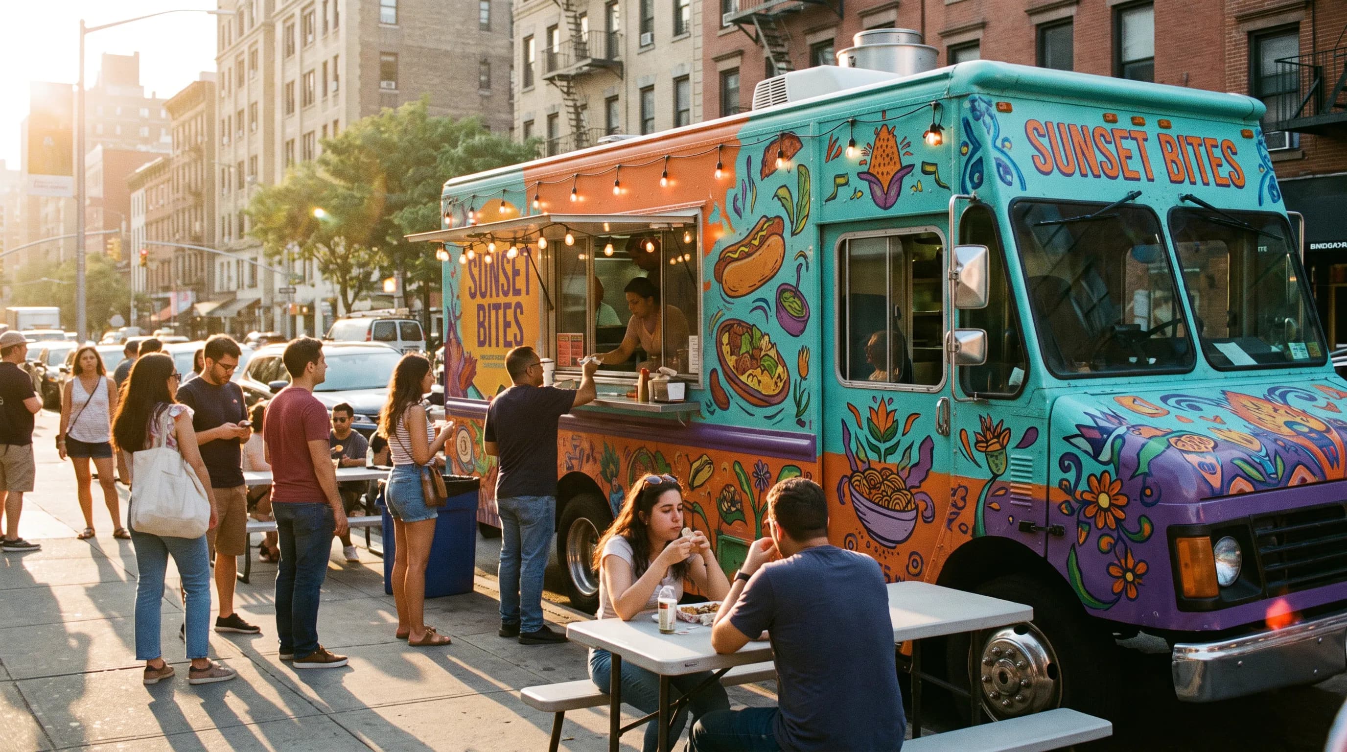 Colorful food truck with an open serving window parked on a city street at golden hour