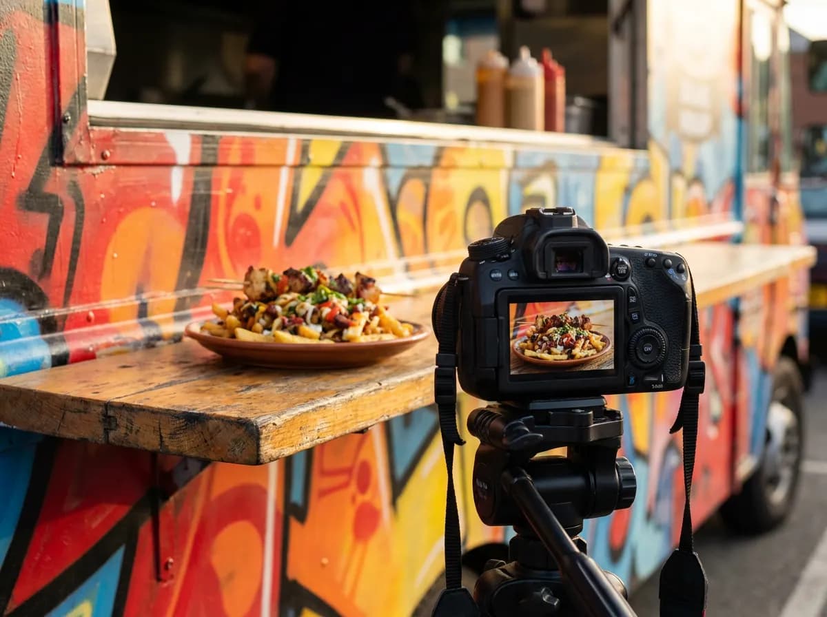 Food truck branding and graphic design: camera photographing a loaded street food dish at the serving window of a painted truck