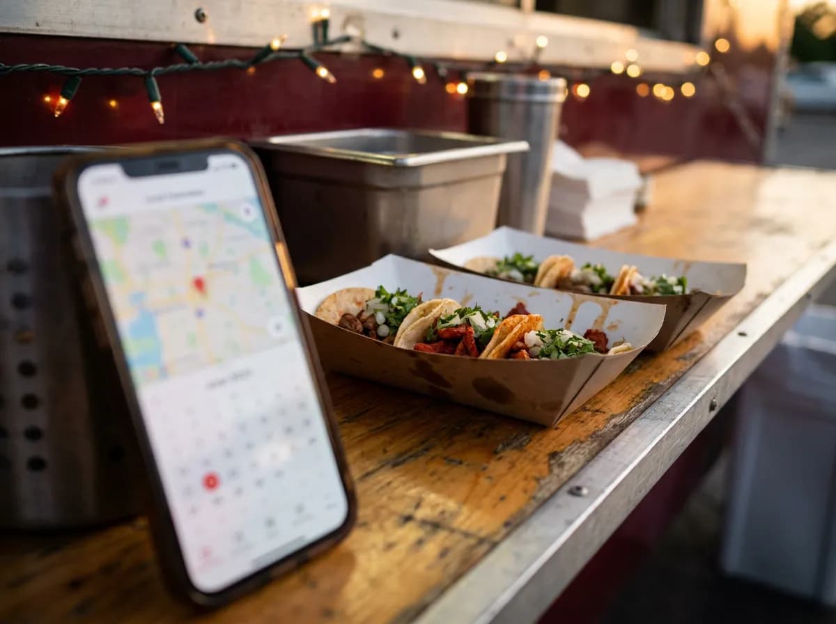 Food truck website design: smartphone showing a mobile food truck schedule and menu beside trays of street tacos