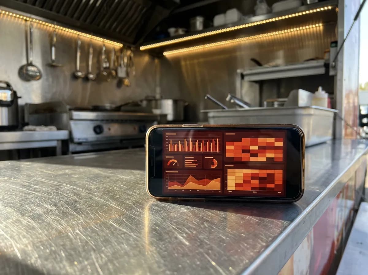Food truck advertising: smartphone showing a social ad campaign dashboard on a stainless steel truck counter