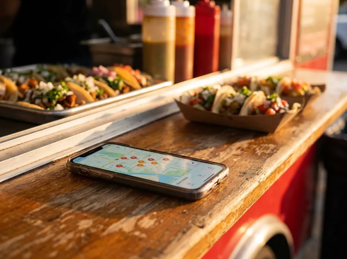 Food truck SEO and local search: smartphone showing map search results with pins on a food truck serving counter