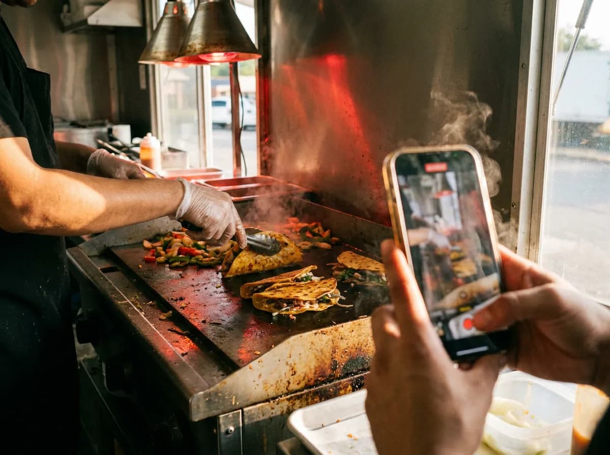 Food truck social media marketing: smartphone filming a cook flipping food on a flat-top grill inside the truck