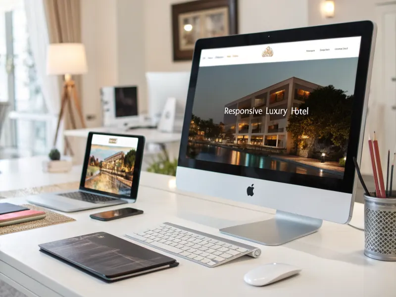 AI-powered hotel website design shown on desktop and mobile screens