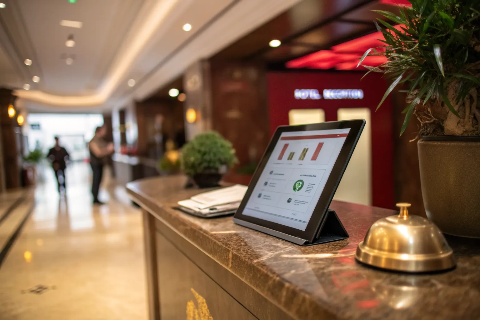 Hotel marketing audit concept: tablet showing a checklist and performance score on a hotel reception counter