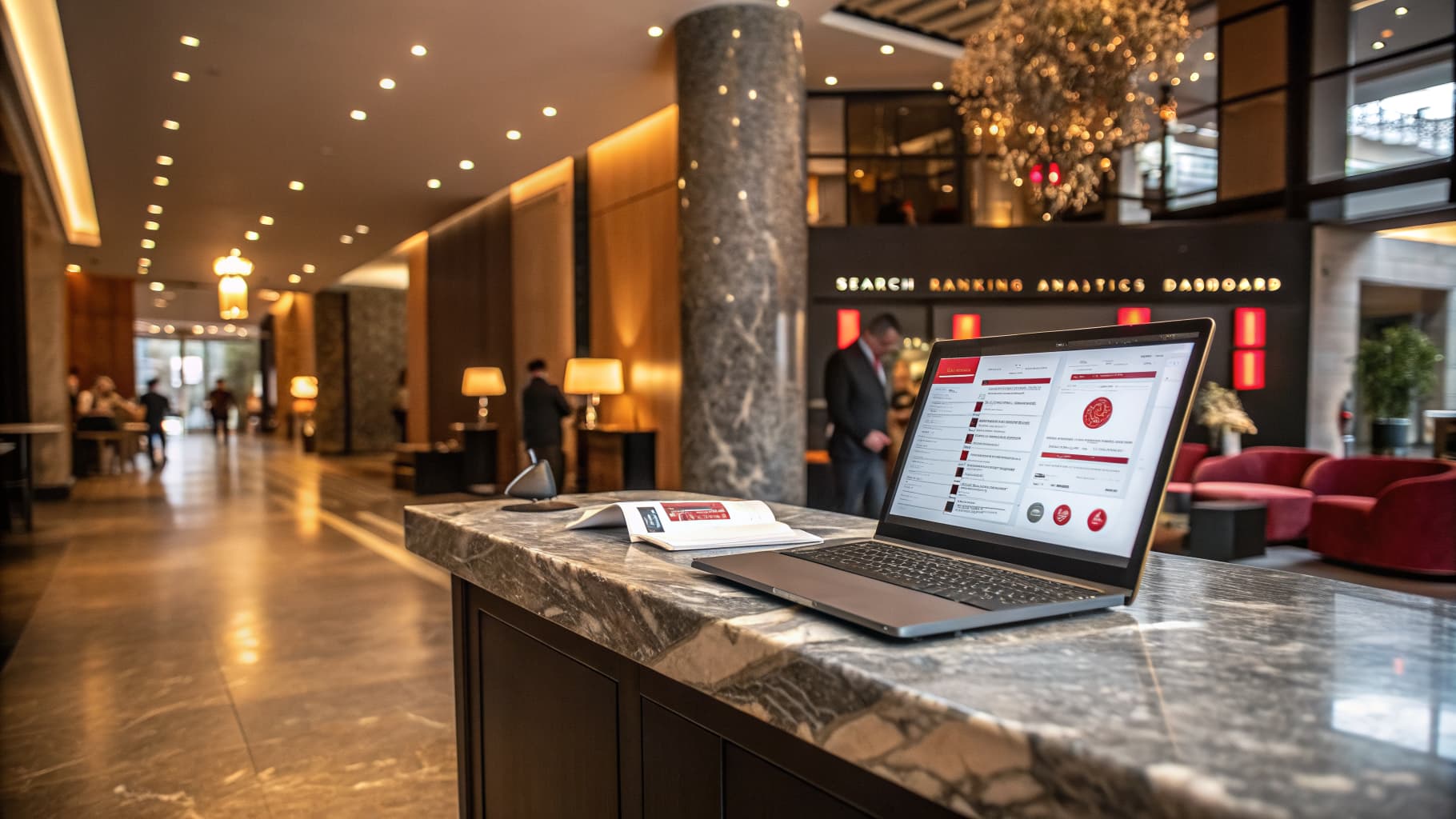 Hotel marketing agency analytics dashboard on a hotel lobby concierge desk