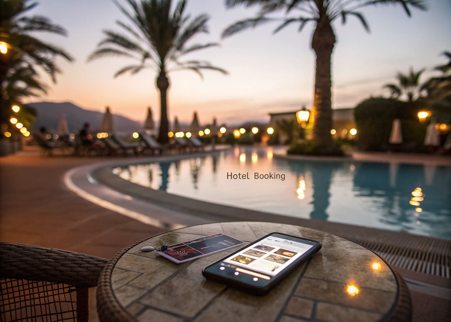 Smartphone showing a hotel booking page beside a resort pool at dusk