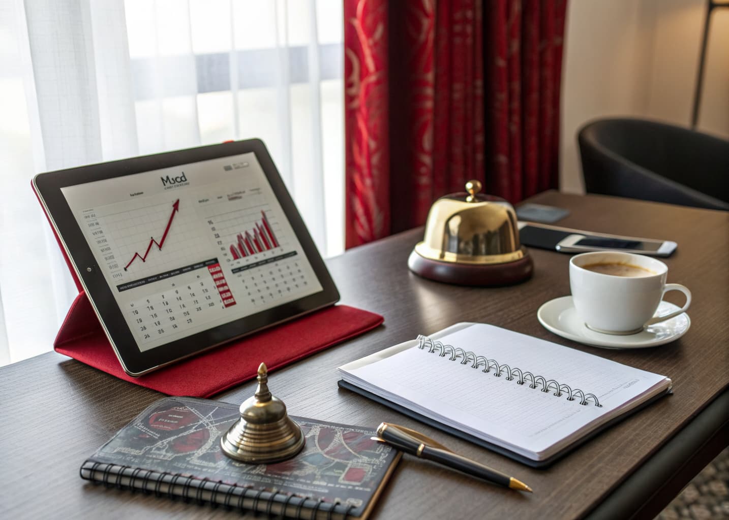 Hotel marketing strategy workspace with booking analytics tablet and concierge bell
