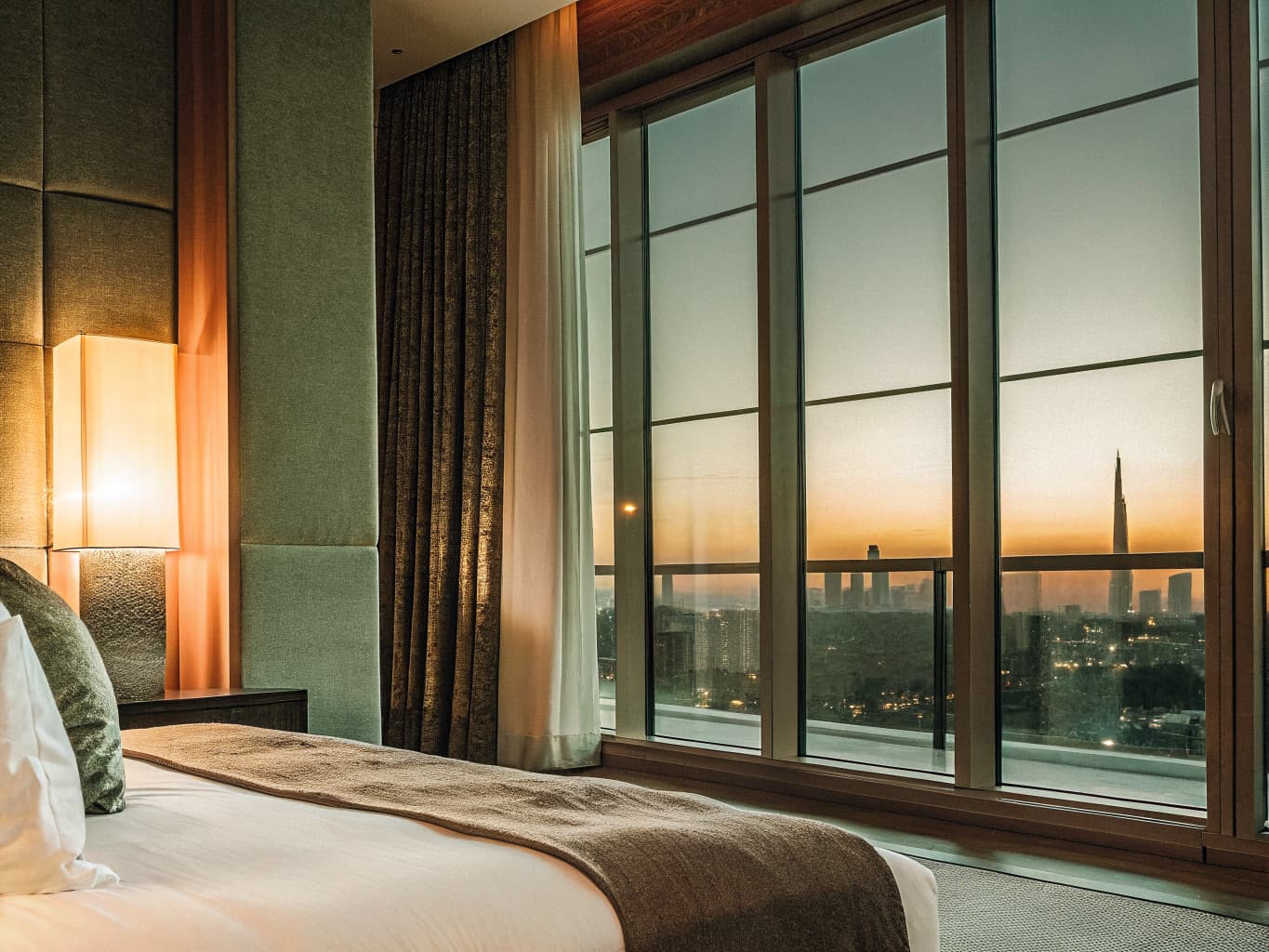 Luxury hotel room with plush bed and city skyline view at dusk