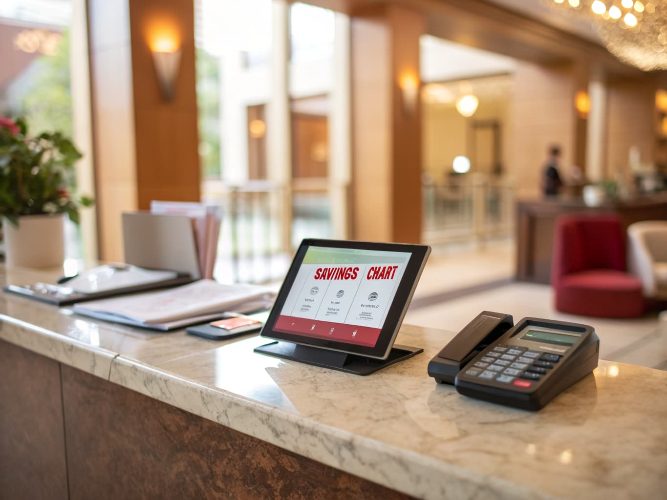 Hotel front desk with a tablet displaying a savings chart, representing monthly marketing cost savings