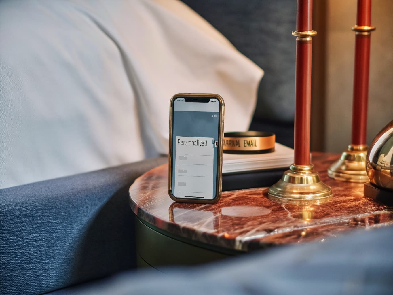 Hotel email and guest lifecycle marketing: smartphone showing a pre-arrival email on a nightstand beside a plush bed