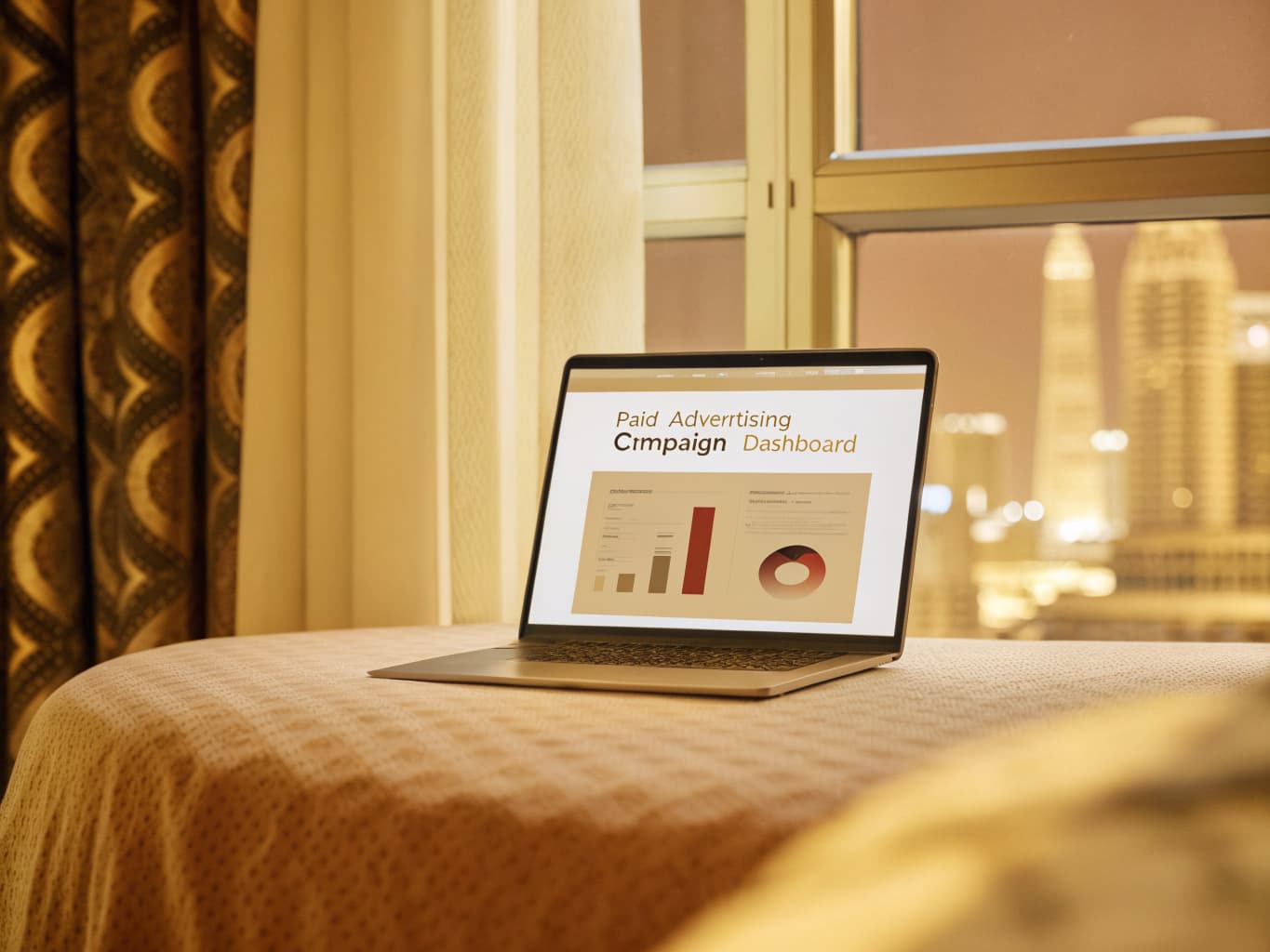 Hotel paid media and remarketing campaigns: laptop showing an ad performance dashboard beside a city view window