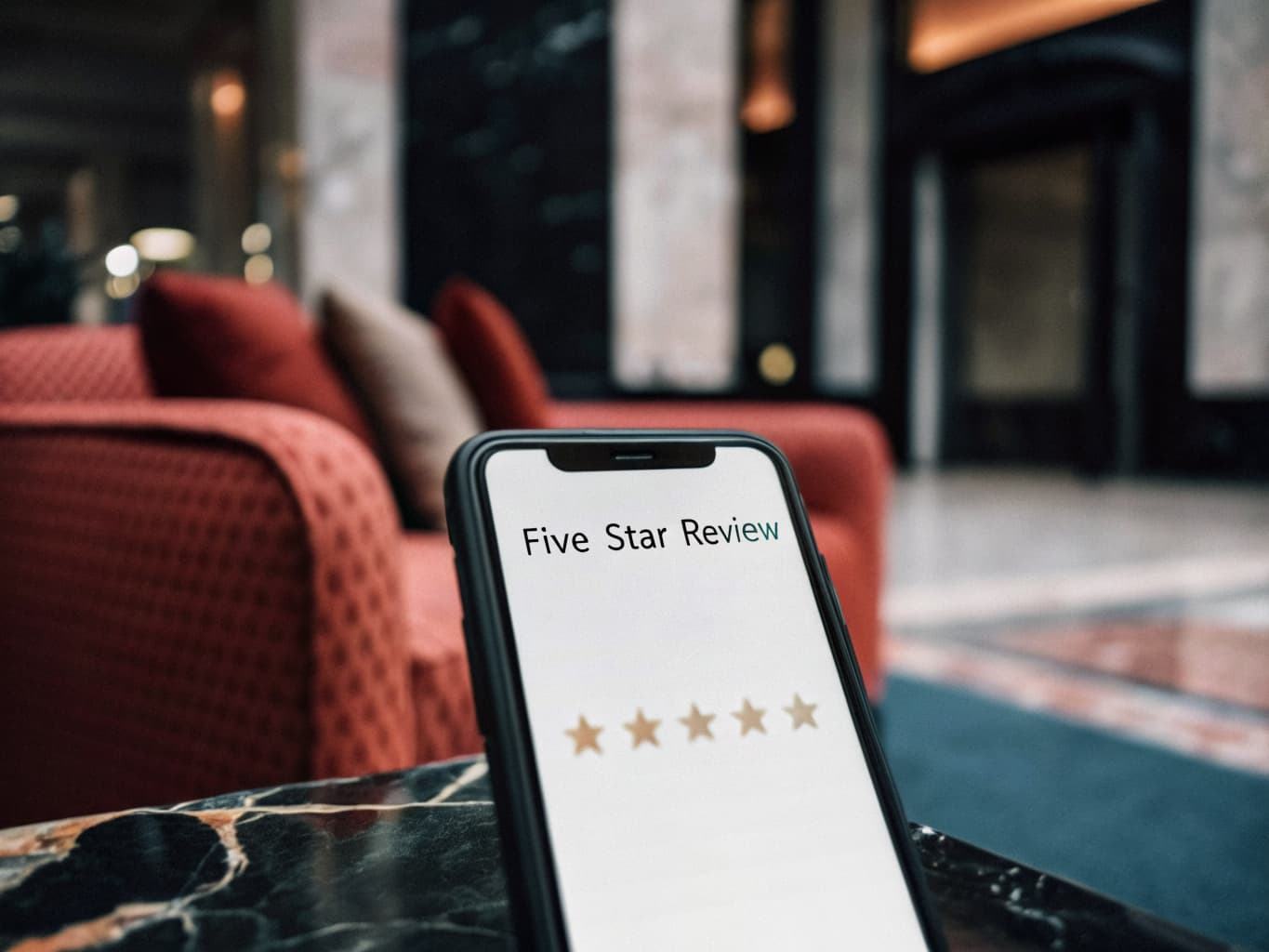 Hotel reputation and review management: smartphone showing a five star review in an elegant hotel lobby