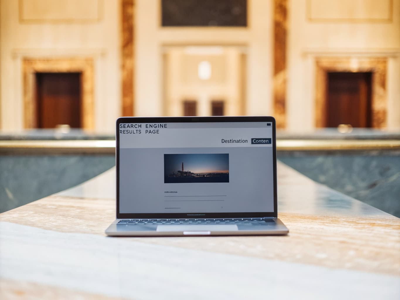 Hotel SEO and content strategy: laptop showing search results and destination content in a hotel lobby