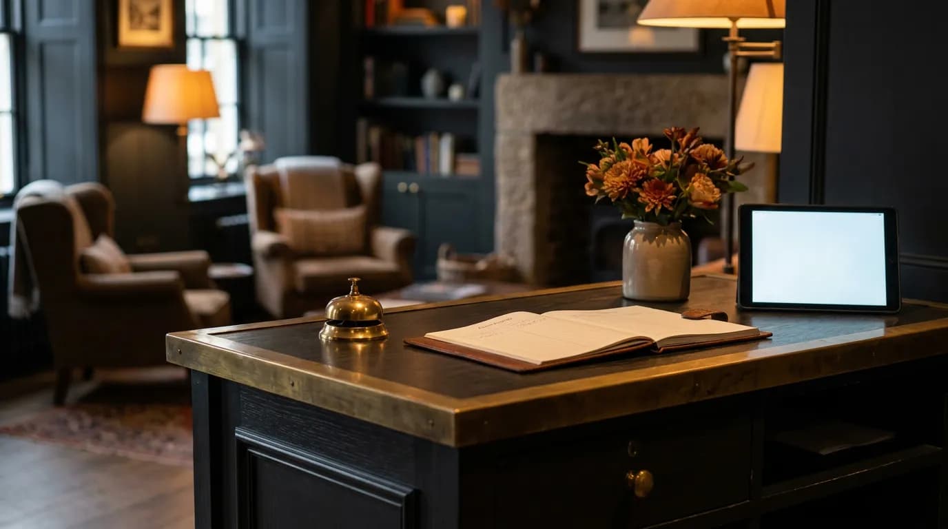 Independent hotel reception desk welcoming direct booking guests