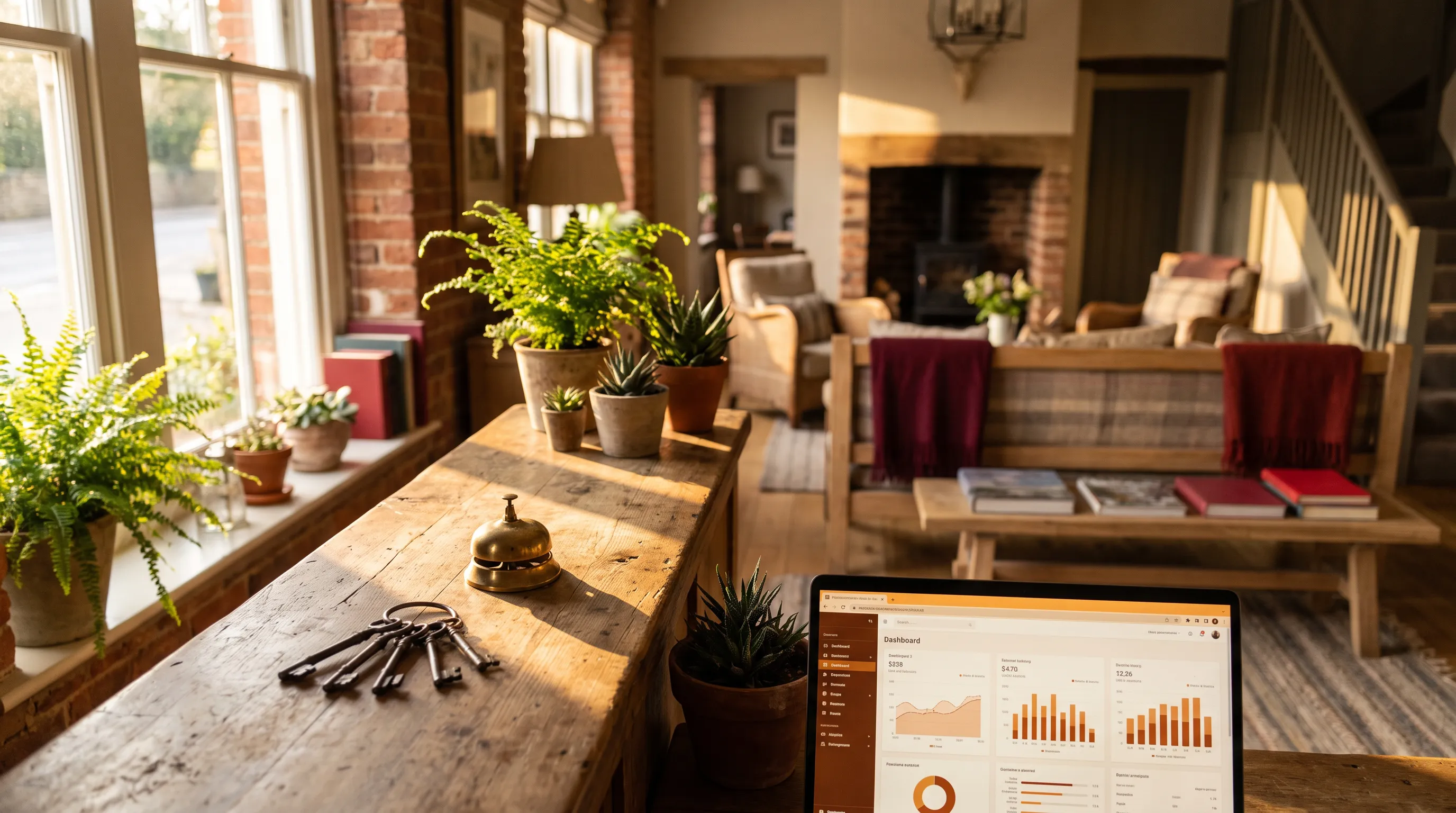 Independent hotel front desk with a laptop showing a marketing analytics dashboard