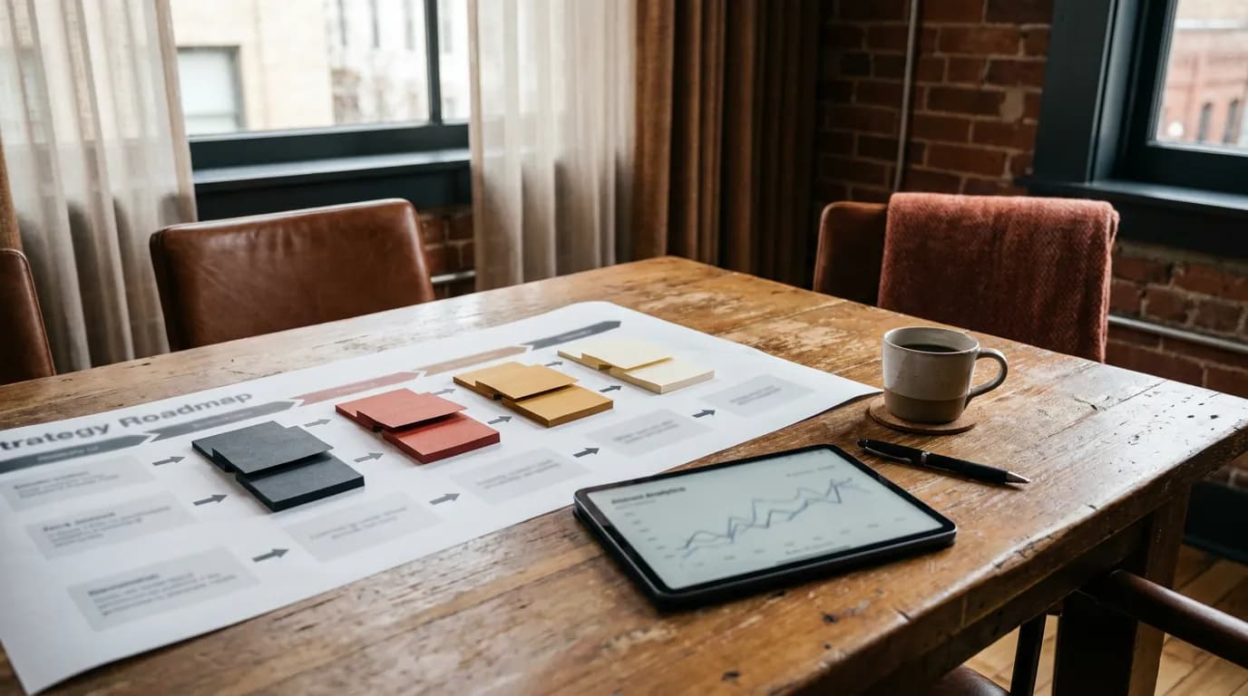 Digital marketing roadmap for an independent hotel laid out on a meeting table