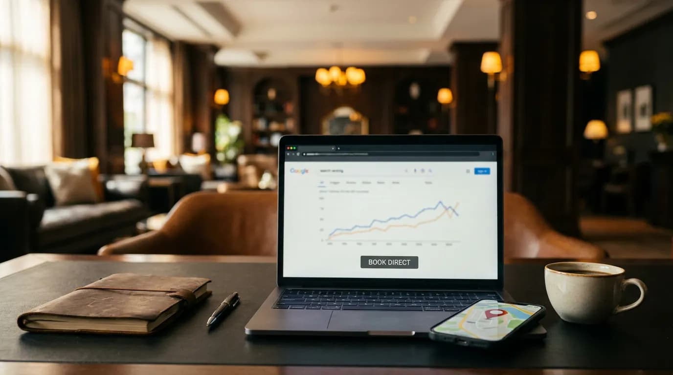 Independent hotel marketing services workspace with hotel SEO rankings and a direct booking website on a laptop