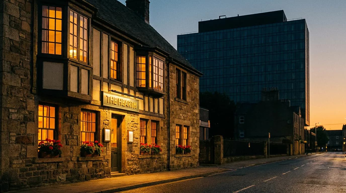 Independent boutique hotel at dusk competing with a large chain hotel, reducing OTA commission dependence