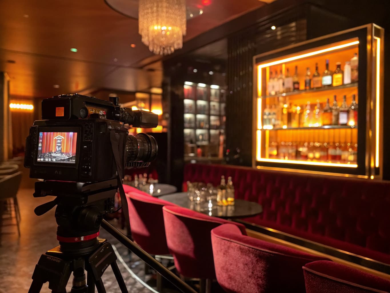 Lounge brand and visual storytelling: camera photographing a backlit liquor shelf and cocktail display in an upscale bar