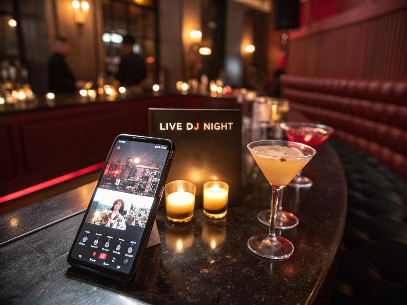 Bar event and reservation marketing: smartphone showing a live DJ night promotion beside cocktails on a lounge bar table