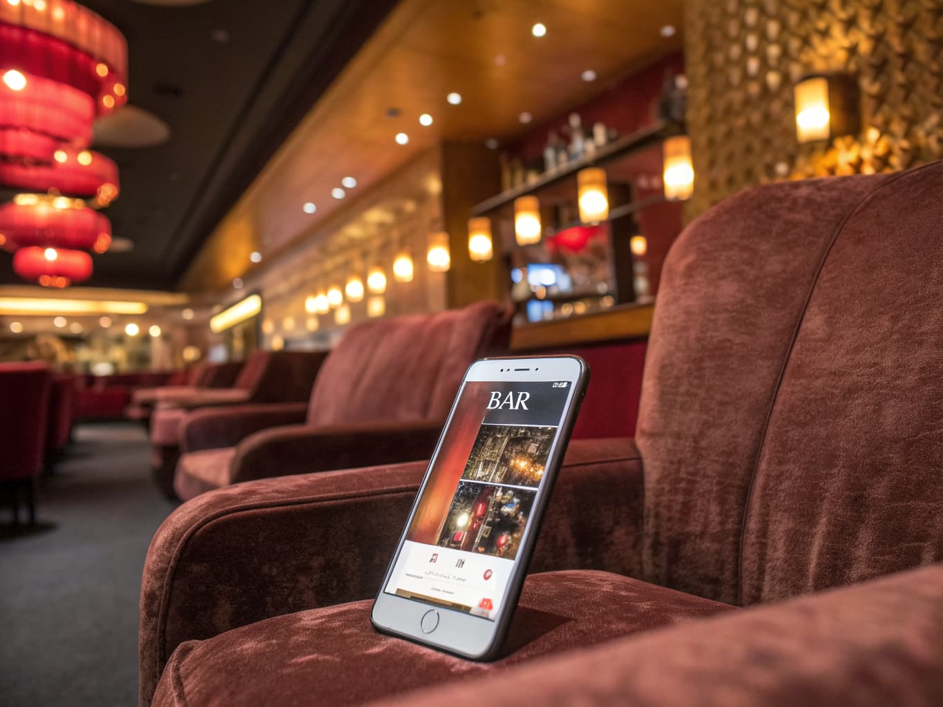 Bar paid media and remarketing: smartphone showing a targeted advertising campaign on a velvet lounge seat armrest