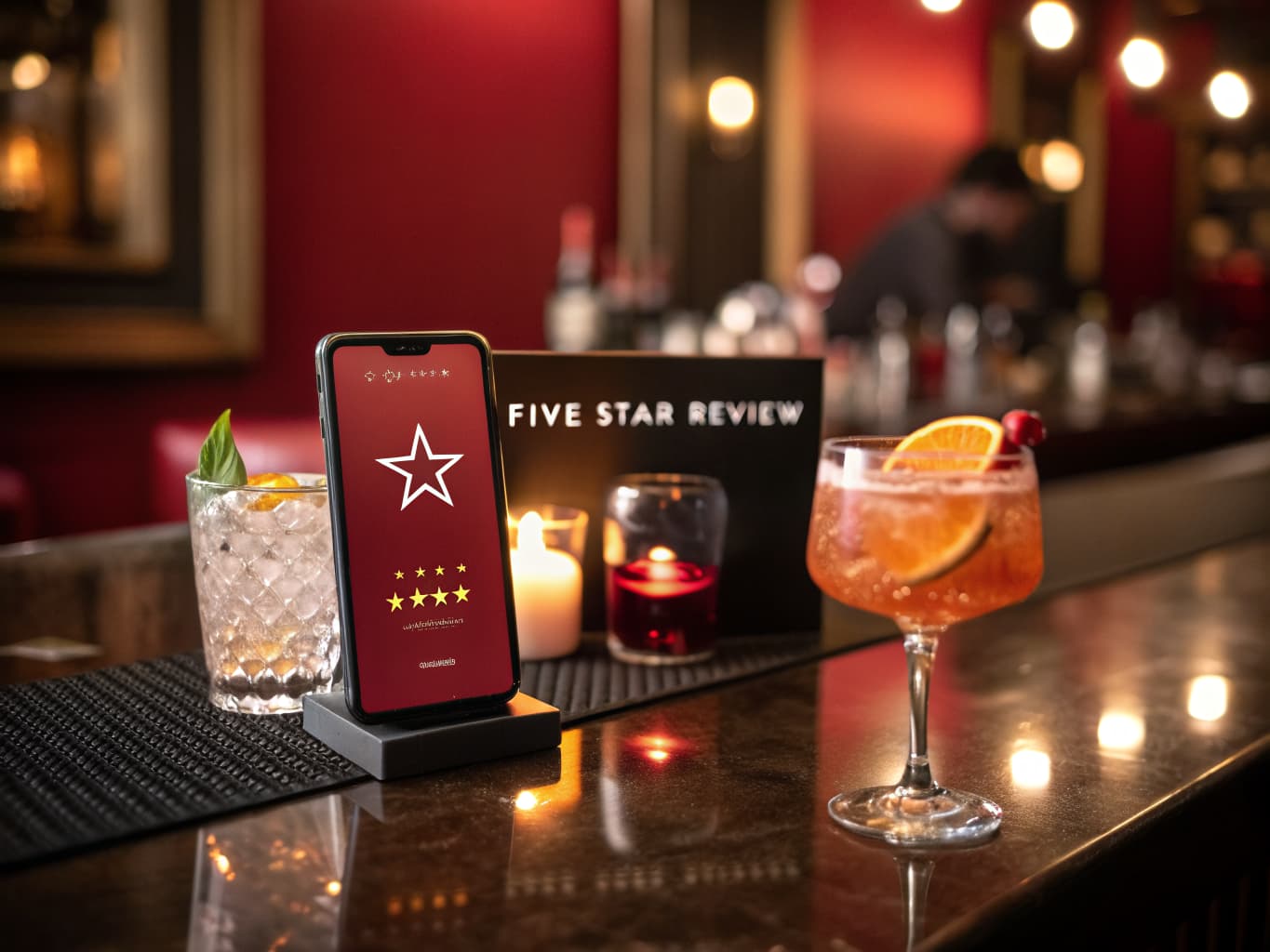 Bar reputation and review management: smartphone displaying a five star review beside a craft cocktail on a dark bar counter