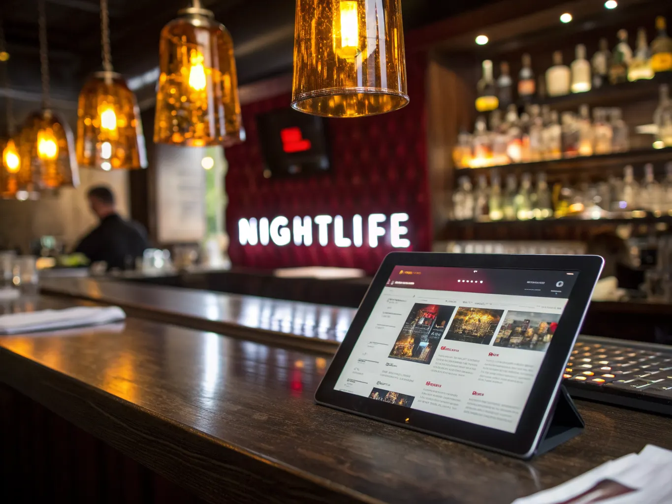 Bar SEO and local search marketing: tablet showing local nightlife search results on a lounge bar counter with amber pendant lighting