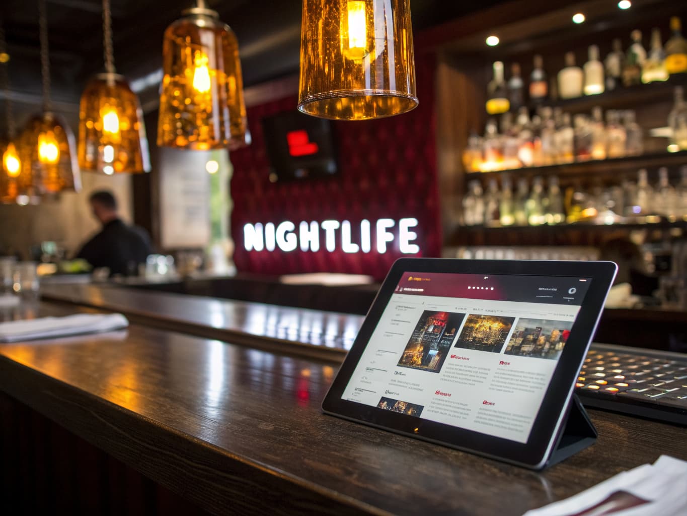 Bar SEO and local search marketing: tablet showing local nightlife search results on a lounge bar counter with amber pendant lighting