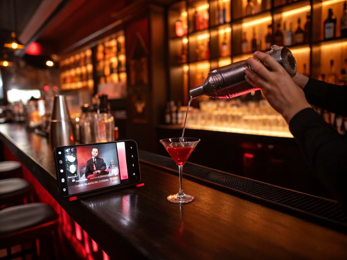 Bar social media and content marketing: smartphone filming a cocktail being poured at a lounge bar counter with amber lighting