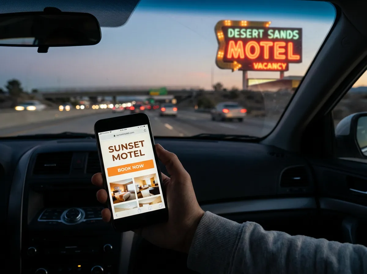 Motel direct booking website: smartphone showing a mobile booking site held from a car passenger seat with a motel sign in the background