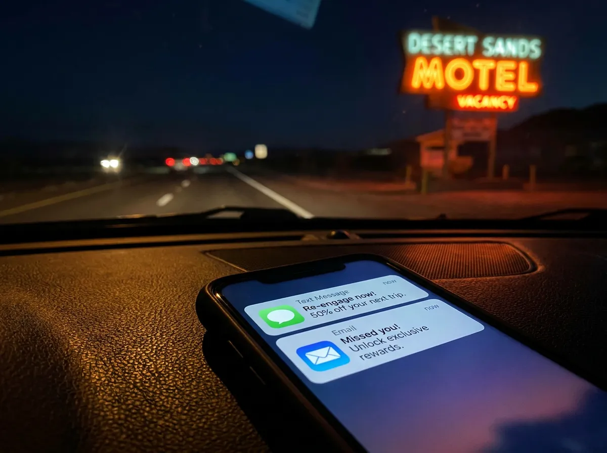 Motel email and SMS re-engagement: smartphone showing a text message offer notification on a car dashboard along a highway at night