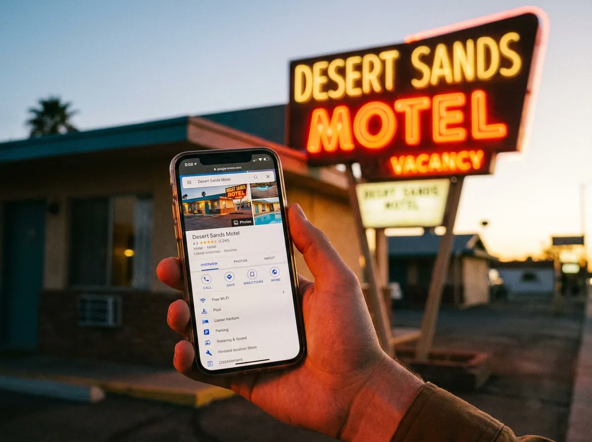 Motel Google Business Profile management: smartphone showing a business listing with photos and ratings outside a roadside motel at dusk