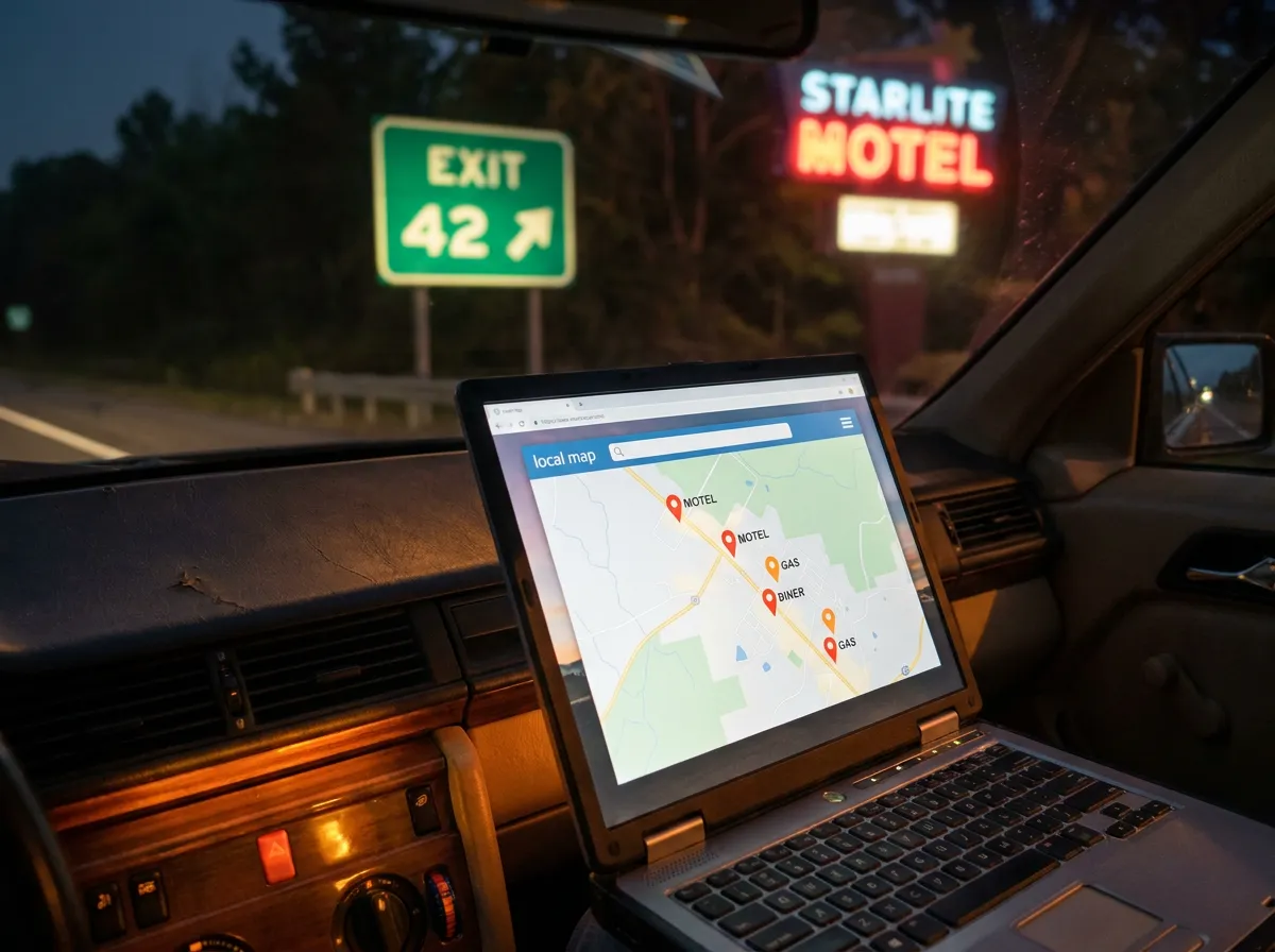 Motel local and near me SEO: laptop showing a map search with location pins on a car dashboard near a highway exit at night