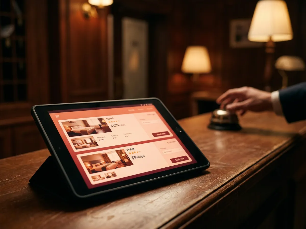 Motel OTA listing optimization: tablet showing online travel agency booking listings on a motel front desk counter