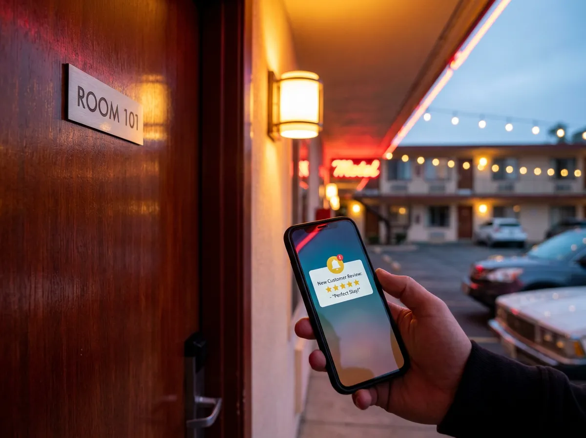 Motel reputation and review management: smartphone showing a five star review notification near a clean motel room door