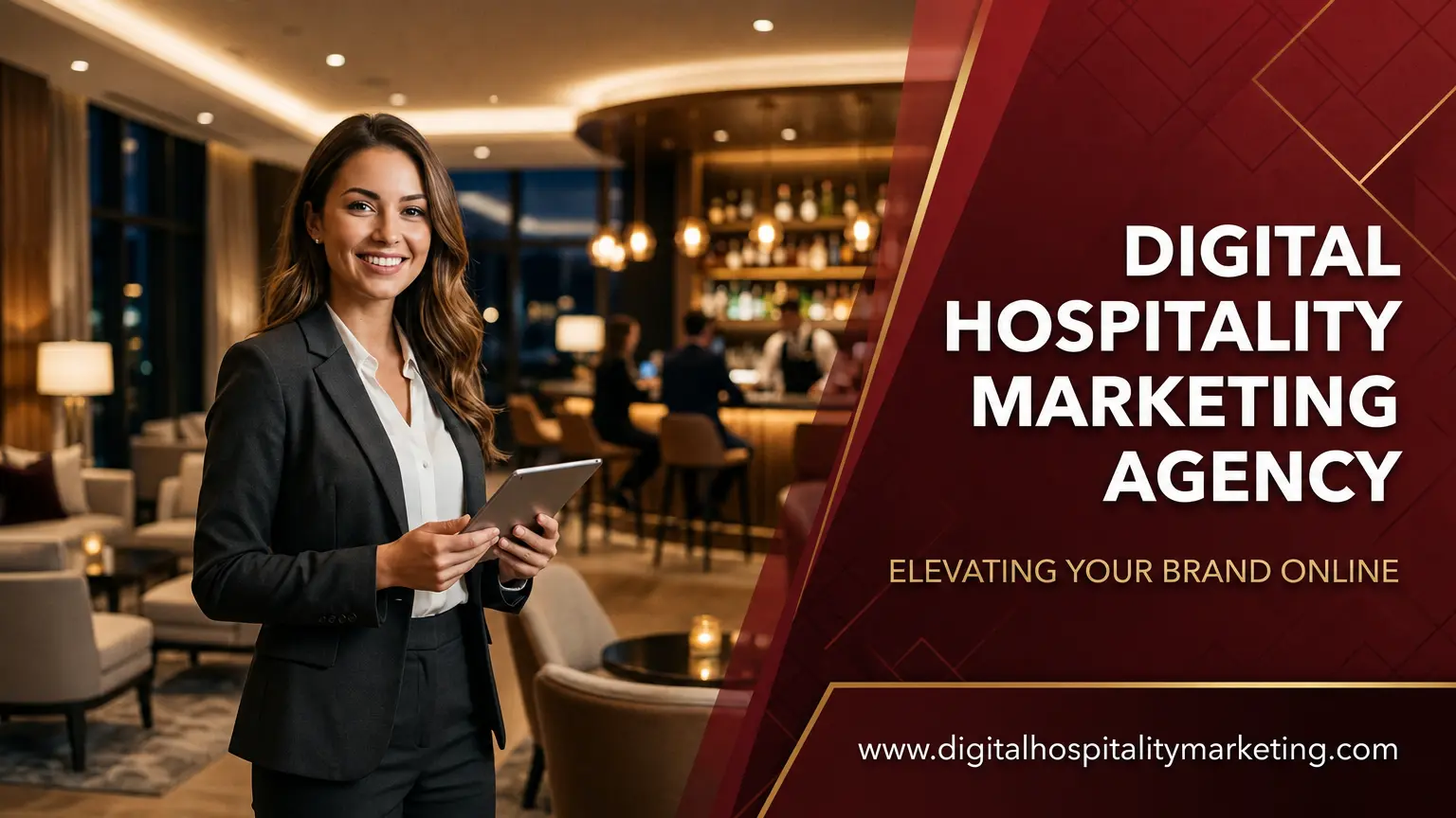 Digital Hospitality Marketing brand banner featuring a hospitality professional in a hotel lounge