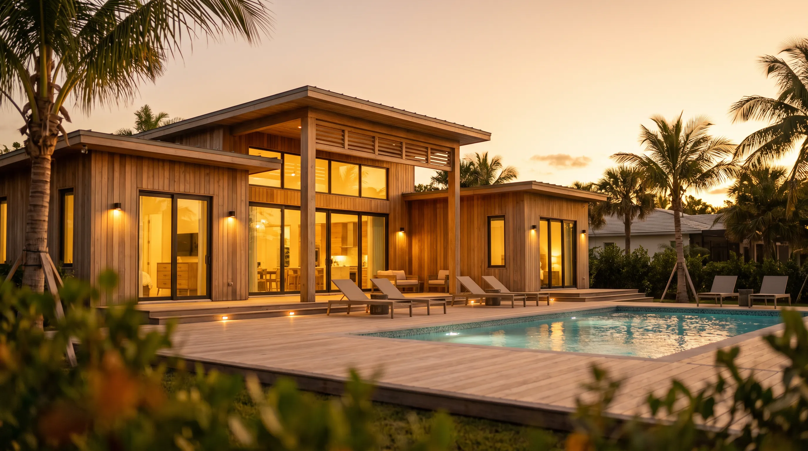 Modern vacation rental home with illuminated windows and pool deck at golden hour