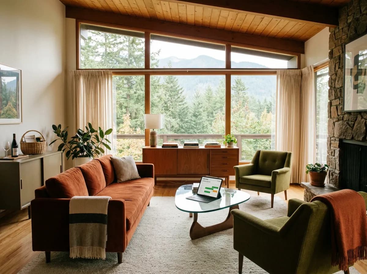 Cozy vacation rental living room interior with a tablet showing a booking calendar