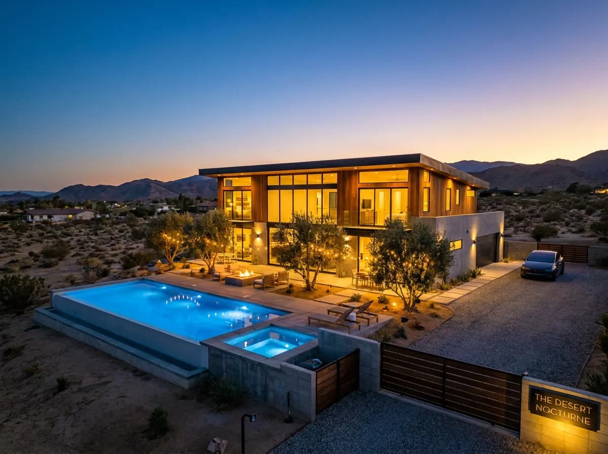 Vacation rental property exterior glowing at dusk with pool lighting and string lights