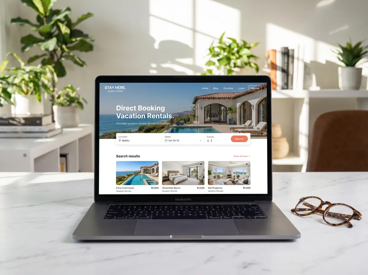 Direct booking website and SEO: laptop showing a vacation rental booking homepage