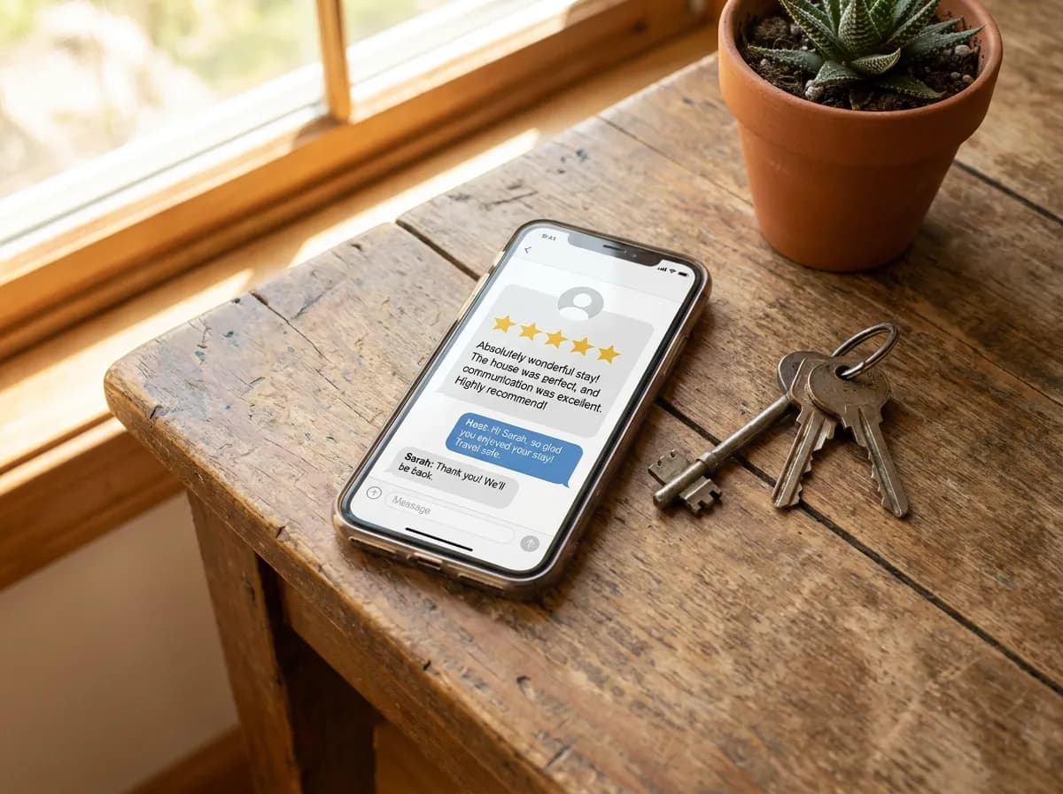 Guest communication and review management: smartphone showing a five star review and chat thread