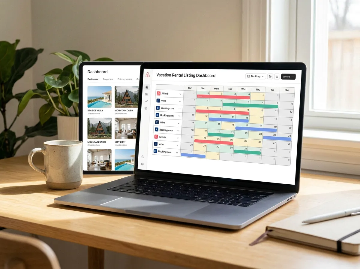 Multi-platform rental listing management: laptop showing a vacation rental dashboard with property photos and calendar