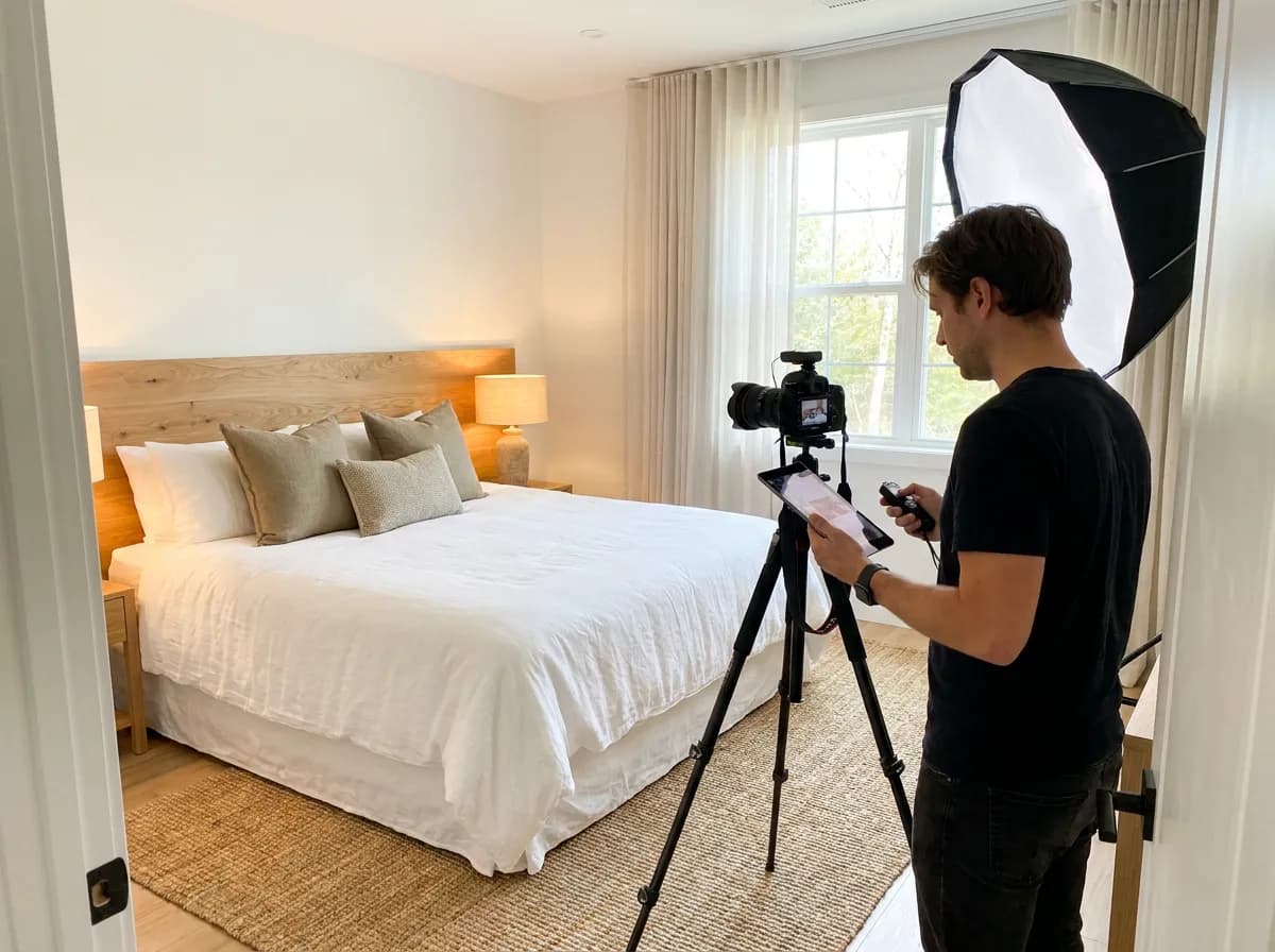 Professional photography and listing optimization: photographer shooting a staged vacation rental bedroom