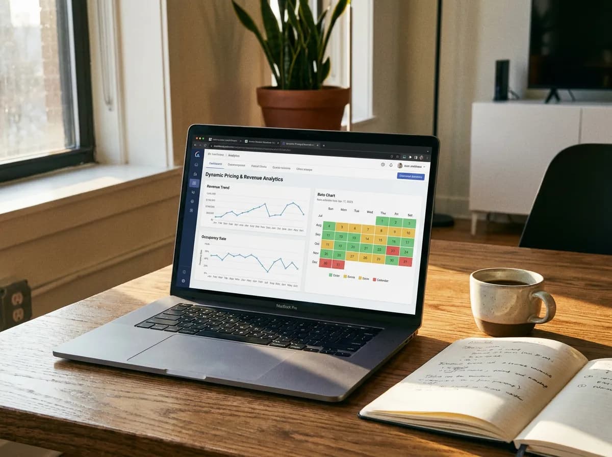 Dynamic pricing and revenue management: laptop showing a rate analytics dashboard with graphs and calendar