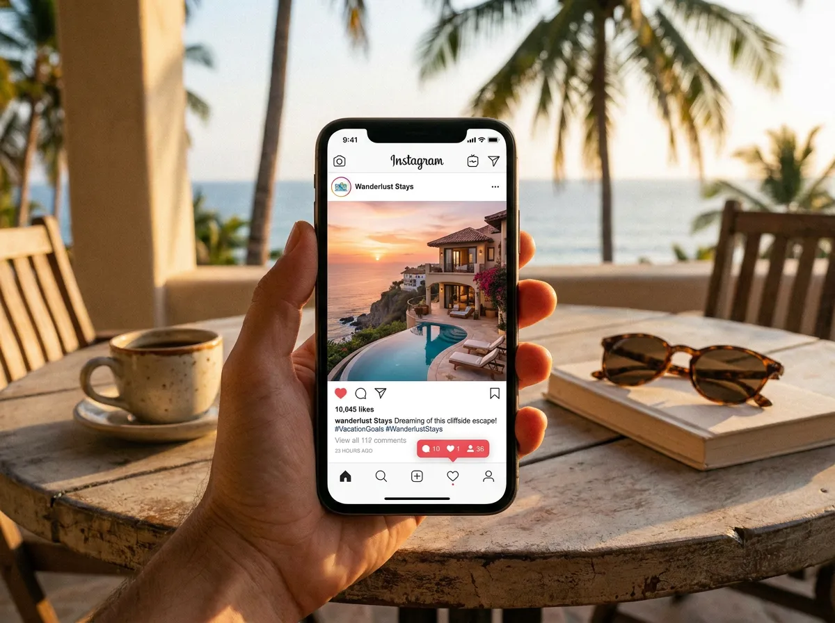 Social media and paid ads for vacation rentals: smartphone showing a property post over an outdoor patio table