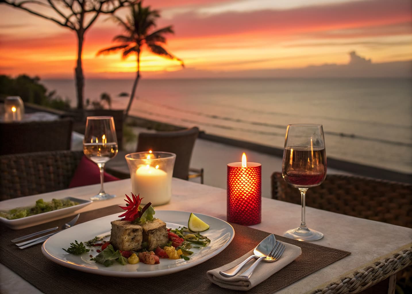 Resort ancillary revenue marketing: gourmet oceanview dinner table showcasing dining and spa experiences
