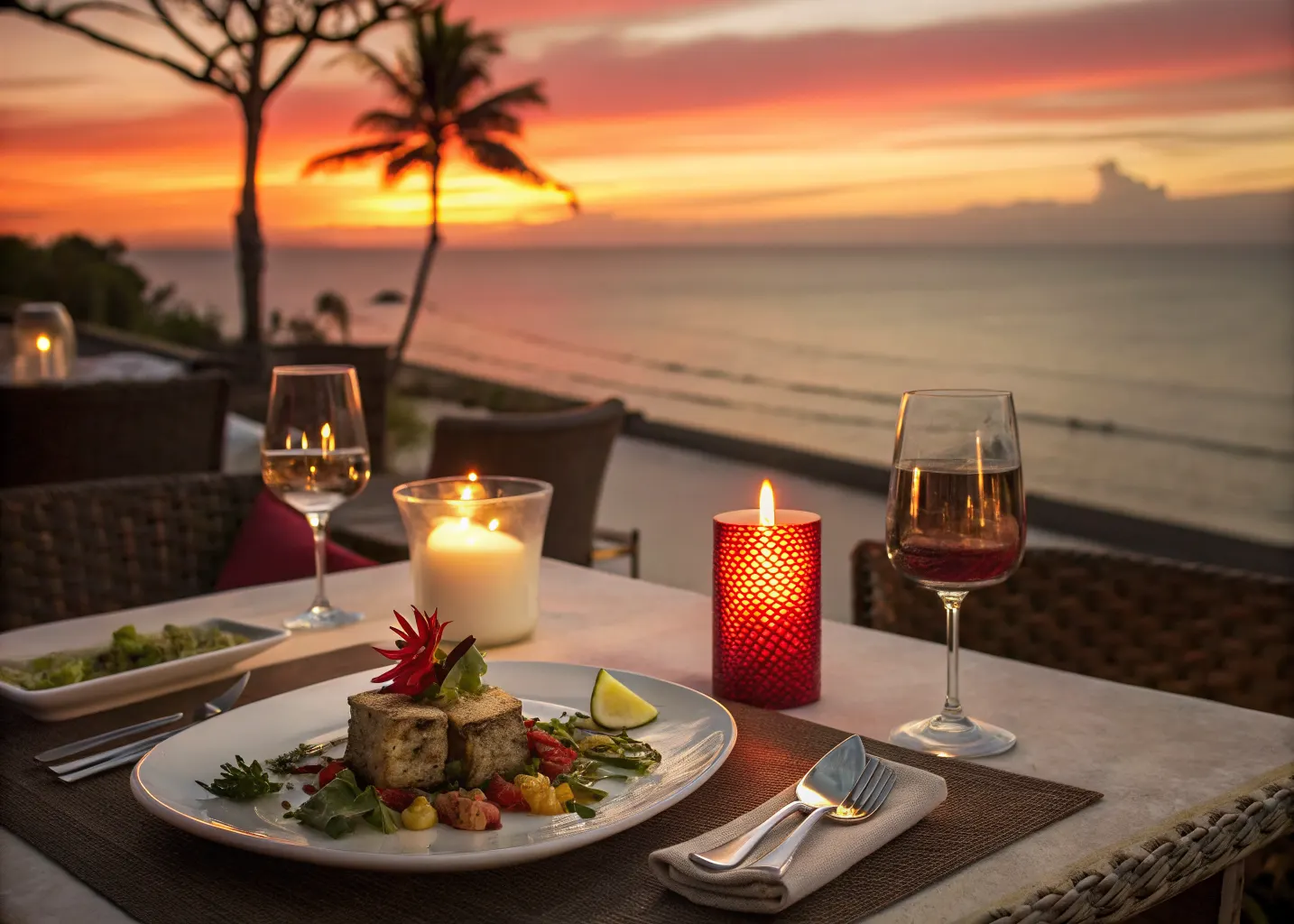 Resort ancillary revenue marketing: gourmet oceanview dinner table showcasing dining and spa experiences